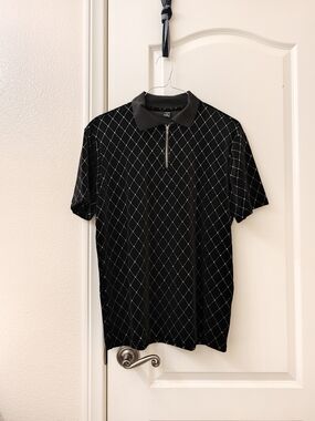 SHEIN Black Polo with White Diamond Grid and Zip Placket